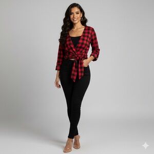 Guess Women's Cardigan Sweater Small Burgundy Black Checkered Gold Button Knit